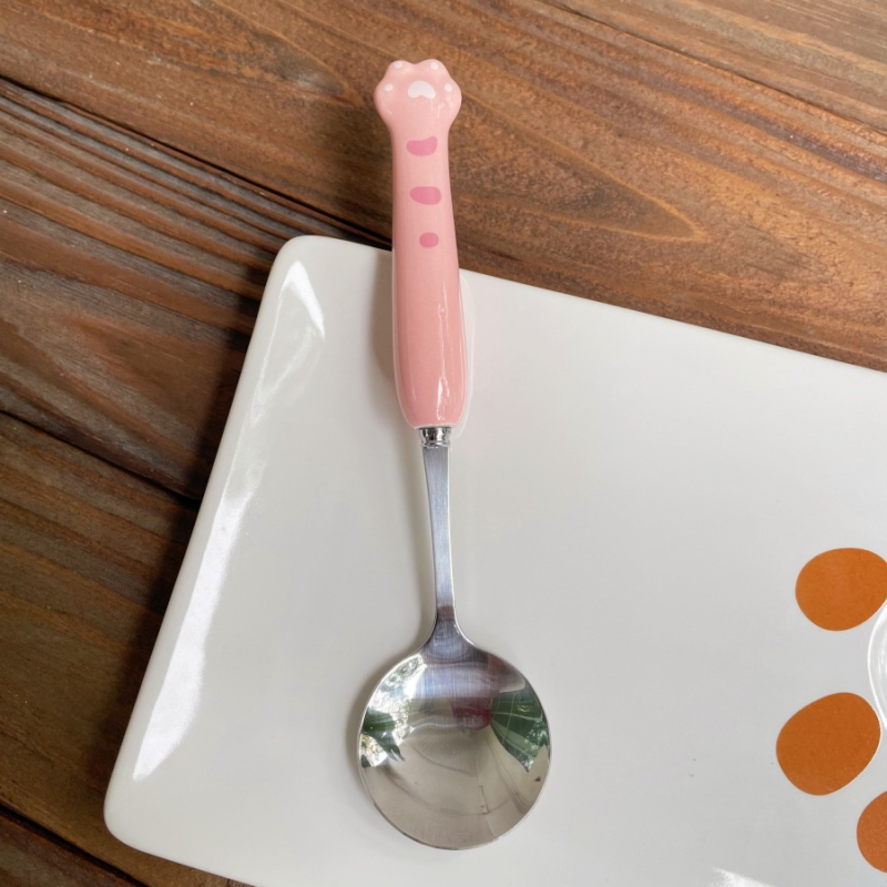 Set tacâmuri din oțel inoxidabil, design labă de pisică drăguț, calitate premium, finisaj cu șlefuire cu apă, include cuțit, furculiță, lingură și bețișoare