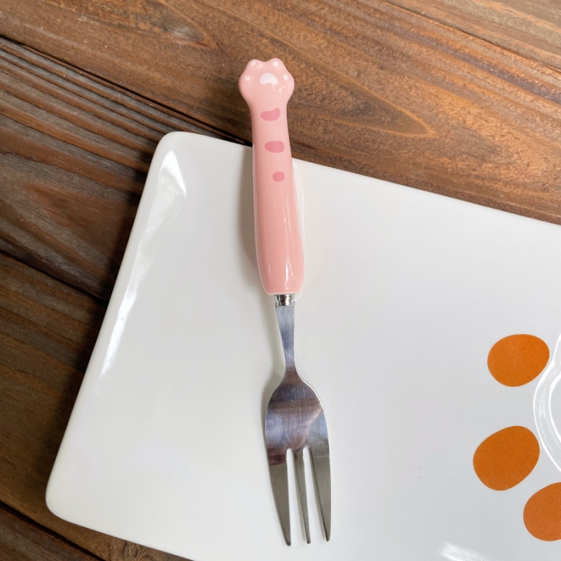 Set tacâmuri din oțel inoxidabil, design labă de pisică drăguț, calitate premium, finisaj cu șlefuire cu apă, include cuțit, furculiță, lingură și bețișoare