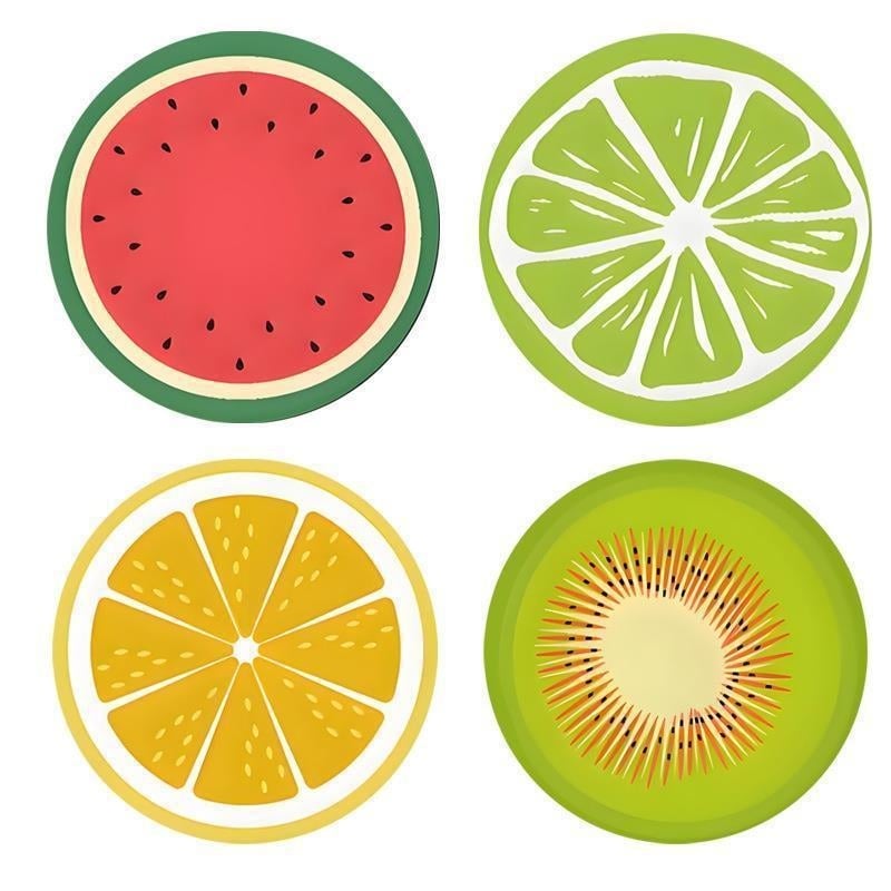 Kör alakú csészealátét, rajzfilmszerű gyümölcs mintával, anyag: diatomitagyag