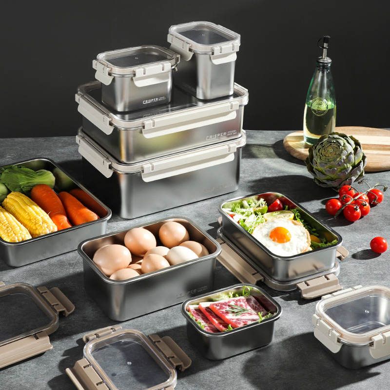 Kutija za očuvanje svježine od SUS430 nehrđajućeg čelika, četvrtastog oblika, kapacitet 0,8–2 L, minimalistički stil, može se slagati