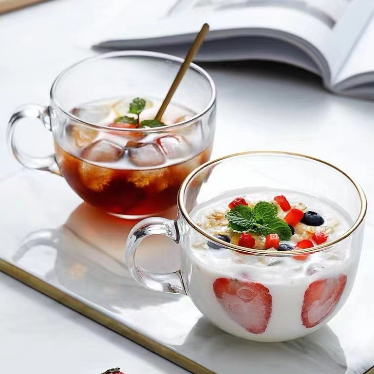 Čajna šalice s drškom od stakla soda-lime, moderan stil, prozračni poklopac, mogućnost ispisa logotipa