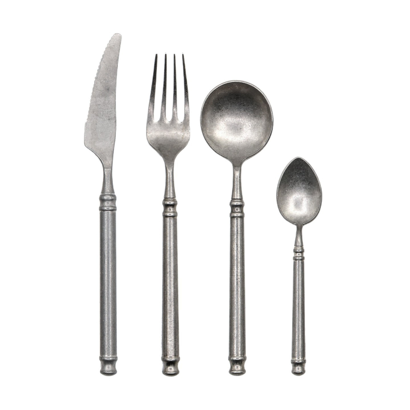 Set posuđa od nehrđajućeg čelika 304, retro istrošeni dizajn, četiri komada: nož, vilica, žlica i vilica za tortu; ručna izrada, prilagodljivo
