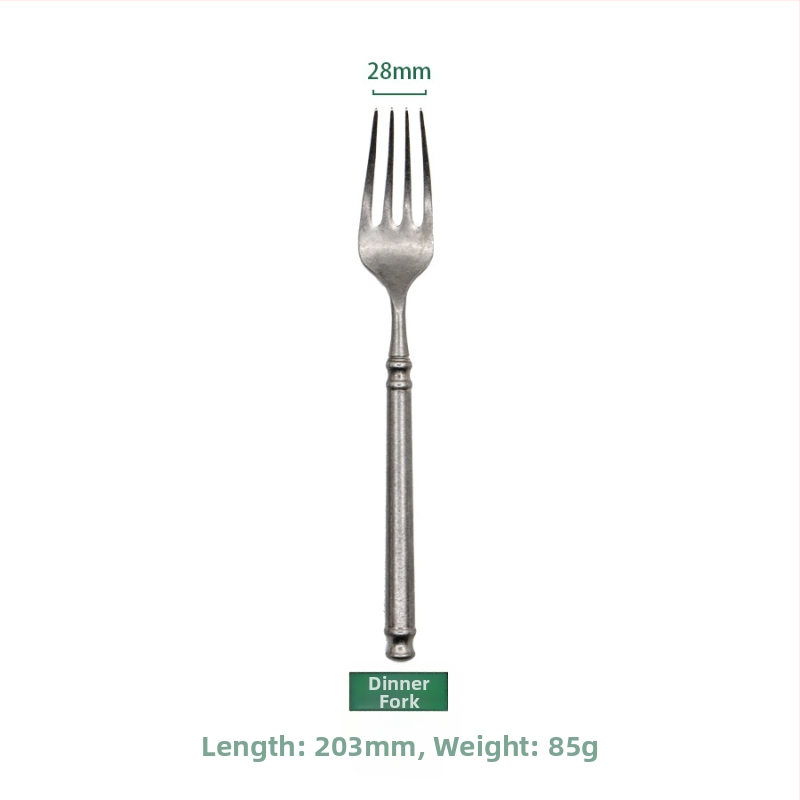 Set riadu z nehrdzavejúcej ocele 304, retro opotrebený dizajn, štyri diely: nôž, vidlica, lyžica a vidlica na tortu; ručne vyrobený, prispôsobiteľný