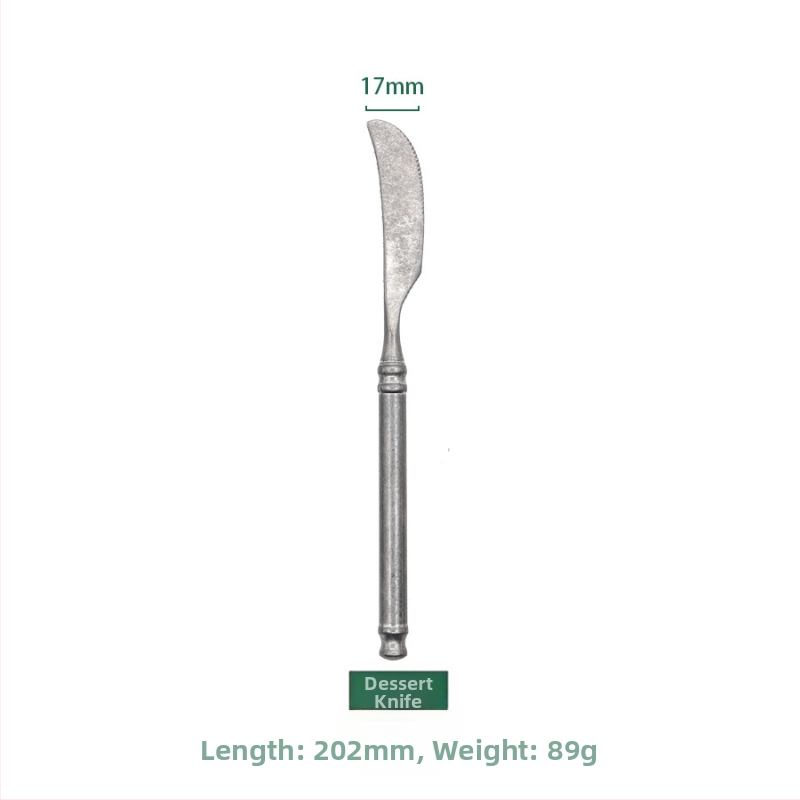 Set riadu z nehrdzavejúcej ocele 304, retro opotrebený dizajn, štyri diely: nôž, vidlica, lyžica a vidlica na tortu; ručne vyrobený, prispôsobiteľný