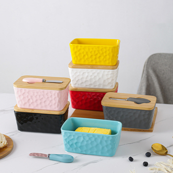 Mr. Yigua Керамична кутия за масло със нож, дървен капак, герметична, голям капацитет