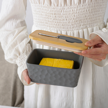 Mr. Yigua Керамична кутия за масло със нож, дървен капак, герметична, голям капацитет