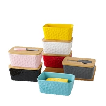 Mr. Yigua Керамична кутия за масло със нож, дървен капак, герметична, голям капацитет