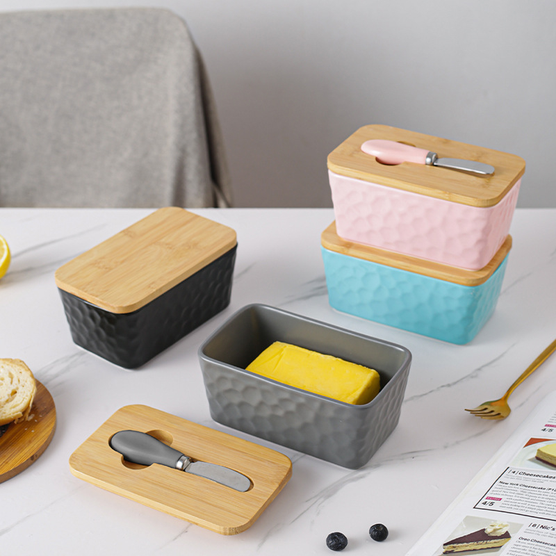 Mr. Yigua Керамична кутия за масло със нож, дървен капак, герметична, голям капацитет