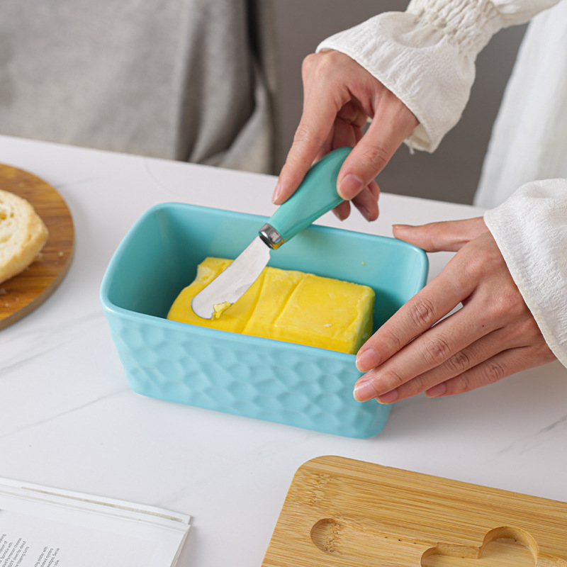 Mr. Yigua Керамична кутия за масло със нож, дървен капак, герметична, голям капацитет