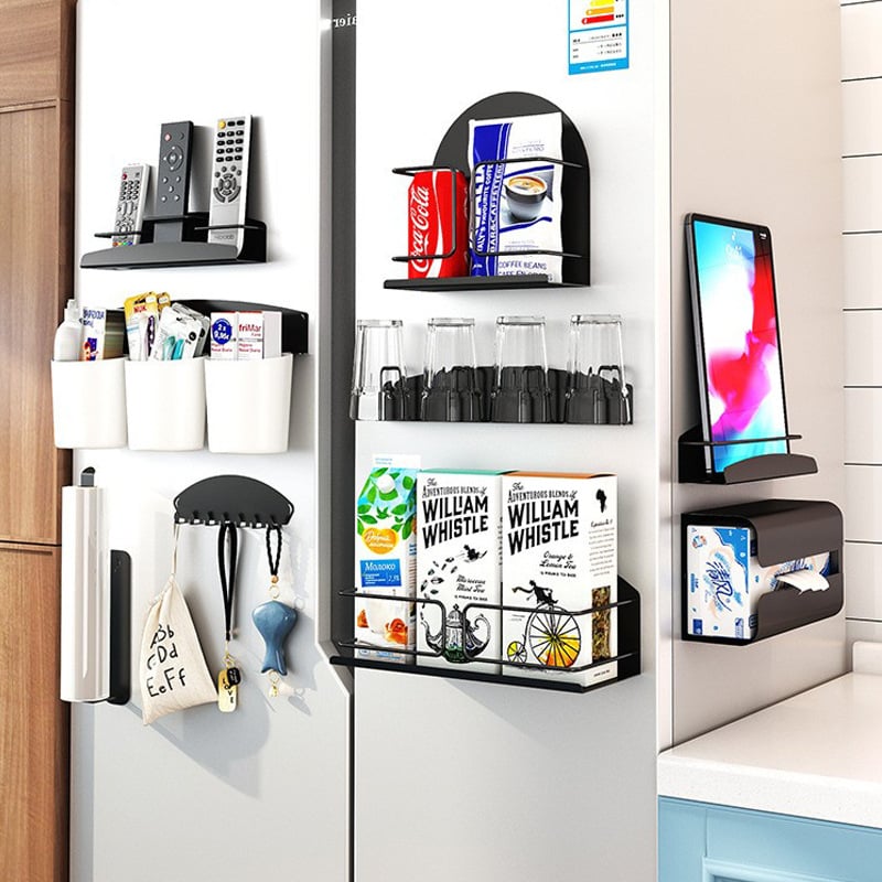 Hűtőszekrény mágneses tárolópolc oldalsó ajtóval – fém, falon szívó rögzítés, 1 réteg, lyukmentes, telepítés nélkül, konyha, fürdőszoba, nappali számára