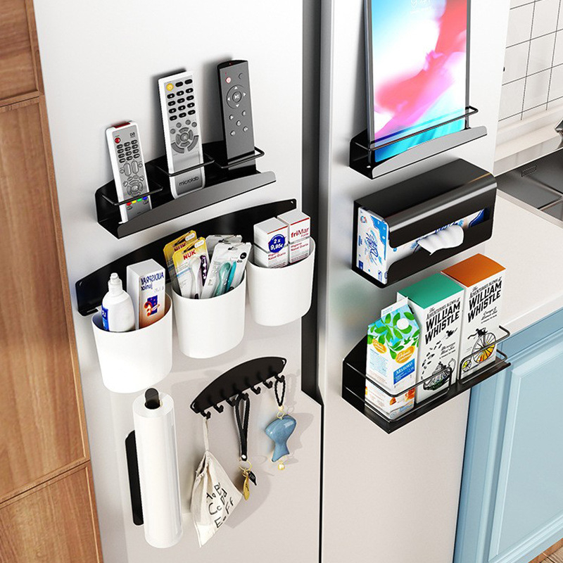Hűtőszekrény mágneses tárolópolc oldalsó ajtóval – fém, falon szívó rögzítés, 1 réteg, lyukmentes, telepítés nélkül, konyha, fürdőszoba, nappali számára