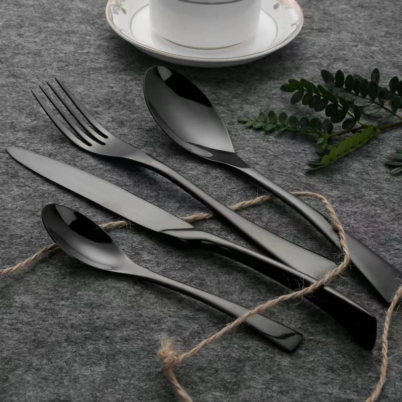 Japán stílusú vintage nyugati evőeszköz készlet, 201-es rozsdamentes acélból, matt felület, tartalmaz steak kést, villát, kanalat, kávéskanalat és gyümölcs villát