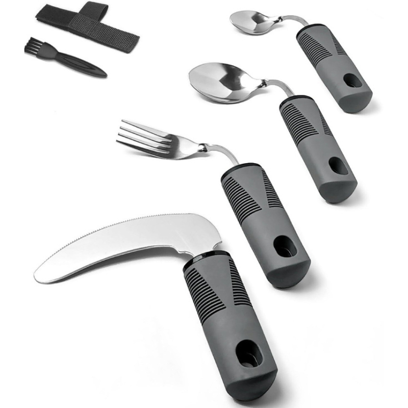 Σετ αποκατάστασης με εργονομική λαβή από καουτσούκ-πλαστικό, ατσάλι 430, φινίρισμα καθρέφτης, τετραμελές: μαχαίρι μπριζόλας, κουτάλι ρυζιού, κουτάλι τσαγιού και πιρούνι