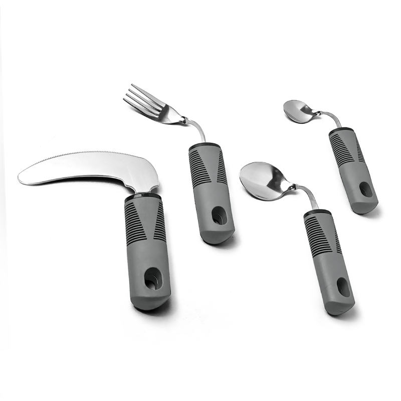 Σετ αποκατάστασης με εργονομική λαβή από καουτσούκ-πλαστικό, ατσάλι 430, φινίρισμα καθρέφτης, τετραμελές: μαχαίρι μπριζόλας, κουτάλι ρυζιού, κουτάλι τσαγιού και πιρούνι