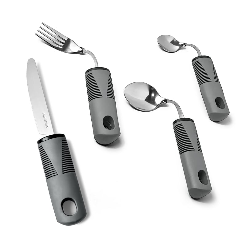 Σετ αποκατάστασης με εργονομική λαβή από καουτσούκ-πλαστικό, ατσάλι 430, φινίρισμα καθρέφτης, τετραμελές: μαχαίρι μπριζόλας, κουτάλι ρυζιού, κουτάλι τσαγιού και πιρούνι