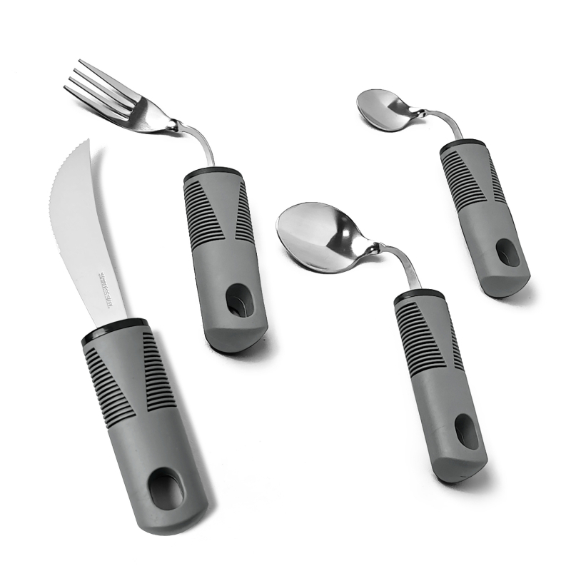 Σετ αποκατάστασης με εργονομική λαβή από καουτσούκ-πλαστικό, ατσάλι 430, φινίρισμα καθρέφτης, τετραμελές: μαχαίρι μπριζόλας, κουτάλι ρυζιού, κουτάλι τσαγιού και πιρούνι