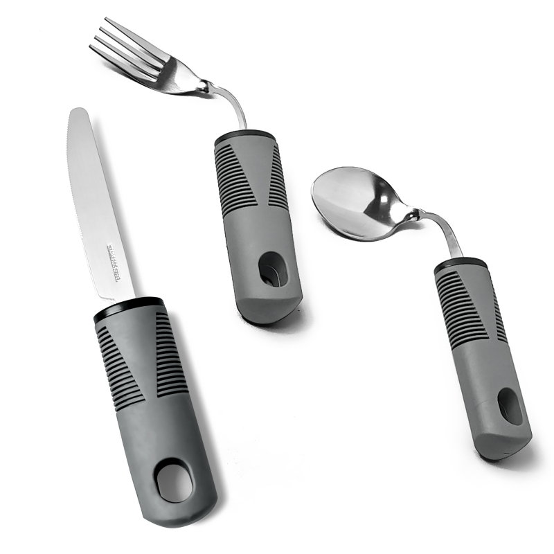 Σετ αποκατάστασης με εργονομική λαβή από καουτσούκ-πλαστικό, ατσάλι 430, φινίρισμα καθρέφτης, τετραμελές: μαχαίρι μπριζόλας, κουτάλι ρυζιού, κουτάλι τσαγιού και πιρούνι