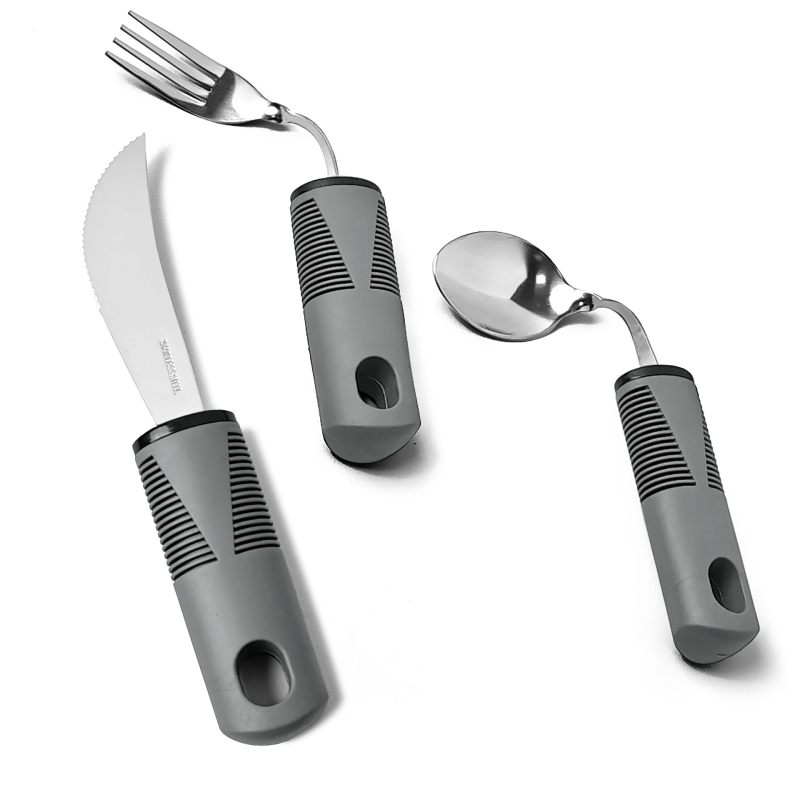 Σετ αποκατάστασης με εργονομική λαβή από καουτσούκ-πλαστικό, ατσάλι 430, φινίρισμα καθρέφτης, τετραμελές: μαχαίρι μπριζόλας, κουτάλι ρυζιού, κουτάλι τσαγιού και πιρούνι