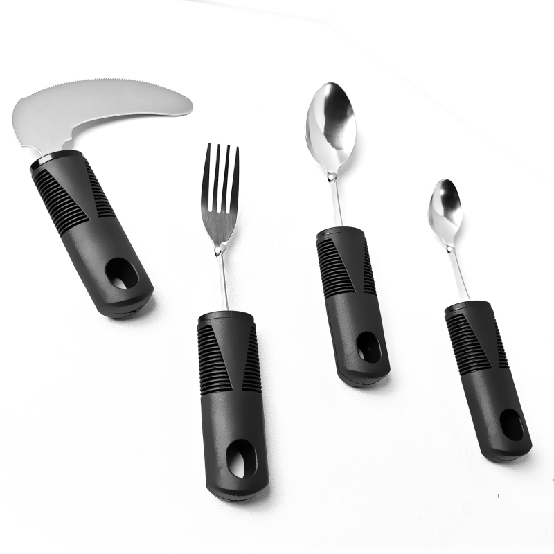 Σετ αποκατάστασης με εργονομική λαβή από καουτσούκ-πλαστικό, ατσάλι 430, φινίρισμα καθρέφτης, τετραμελές: μαχαίρι μπριζόλας, κουτάλι ρυζιού, κουτάλι τσαγιού και πιρούνι