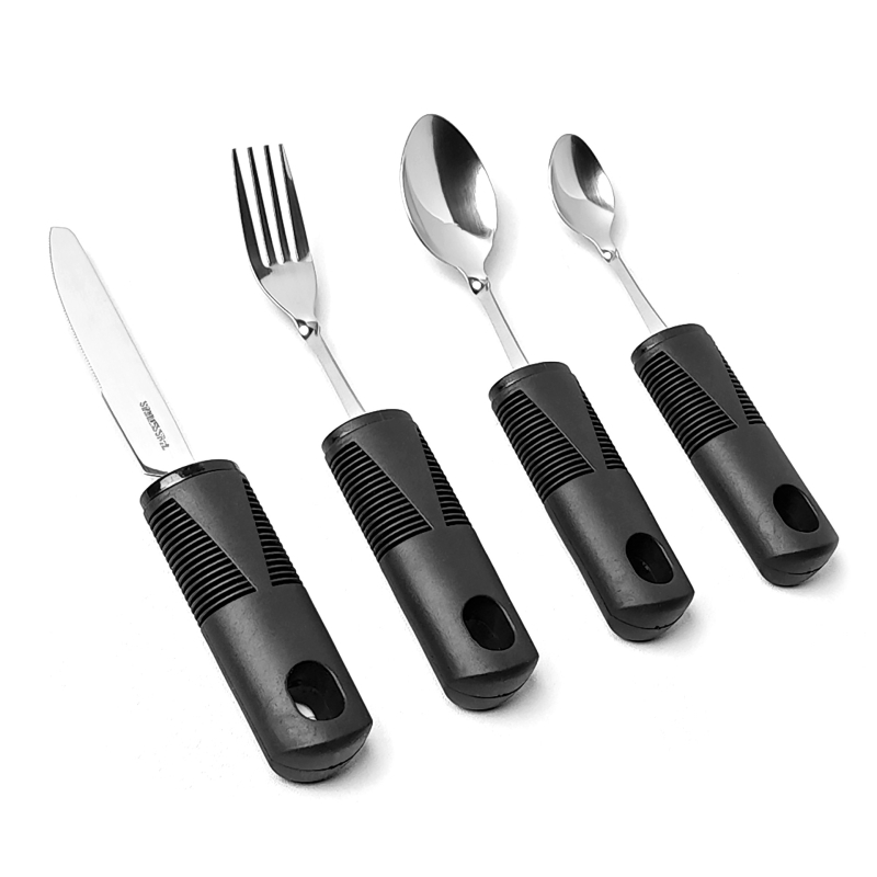 Σετ αποκατάστασης με εργονομική λαβή από καουτσούκ-πλαστικό, ατσάλι 430, φινίρισμα καθρέφτης, τετραμελές: μαχαίρι μπριζόλας, κουτάλι ρυζιού, κουτάλι τσαγιού και πιρούνι
