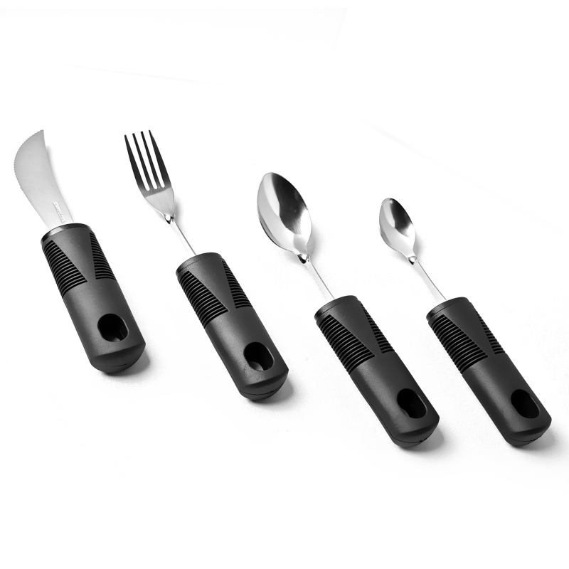 Σετ αποκατάστασης με εργονομική λαβή από καουτσούκ-πλαστικό, ατσάλι 430, φινίρισμα καθρέφτης, τετραμελές: μαχαίρι μπριζόλας, κουτάλι ρυζιού, κουτάλι τσαγιού και πιρούνι