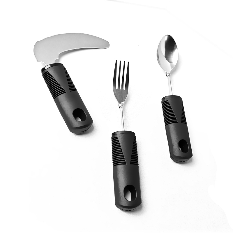 Σετ αποκατάστασης με εργονομική λαβή από καουτσούκ-πλαστικό, ατσάλι 430, φινίρισμα καθρέφτης, τετραμελές: μαχαίρι μπριζόλας, κουτάλι ρυζιού, κουτάλι τσαγιού και πιρούνι