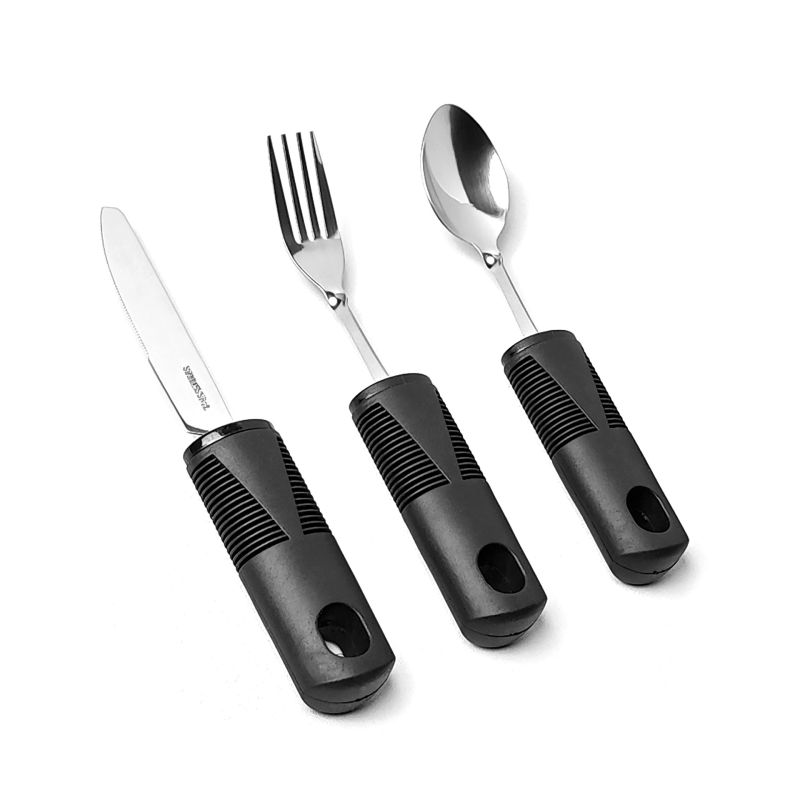 Σετ αποκατάστασης με εργονομική λαβή από καουτσούκ-πλαστικό, ατσάλι 430, φινίρισμα καθρέφτης, τετραμελές: μαχαίρι μπριζόλας, κουτάλι ρυζιού, κουτάλι τσαγιού και πιρούνι