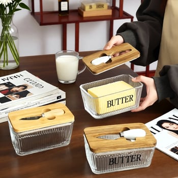 Стъклена кутия за масло със капак и нож за разпределение — модерен минималистичен дизайн, печат на лого, Бранд Blue Maple Leaf, пускане през Зима 2025