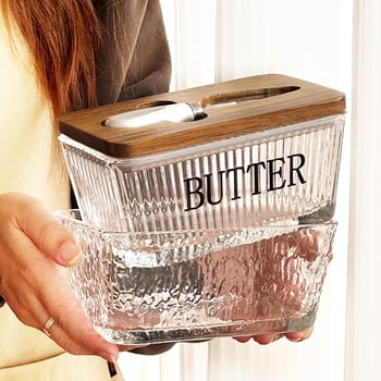 Стъклена кутия за масло със капак и нож за разпределение — модерен минималистичен дизайн, печат на лого, Бранд Blue Maple Leaf, пускане през Зима 2025