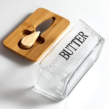 Стъклена кутия за масло със капак и нож за разпределение — модерен минималистичен дизайн, печат на лого, Бранд Blue Maple Leaf, пускане през Зима 2025