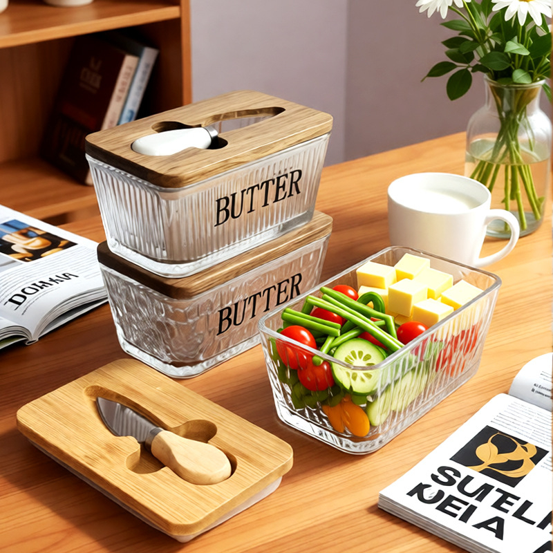 Стъклена кутия за масло със капак и нож за разпределение — модерен минималистичен дизайн, печат на лого, Бранд Blue Maple Leaf, пускане през Зима 2025