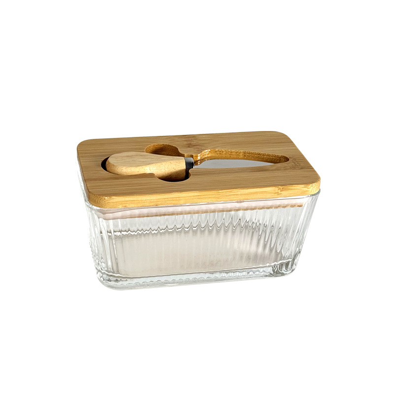 Стъклена кутия за масло със капак и нож за разпределение — модерен минималистичен дизайн, печат на лого, Бранд Blue Maple Leaf, пускане през Зима 2025