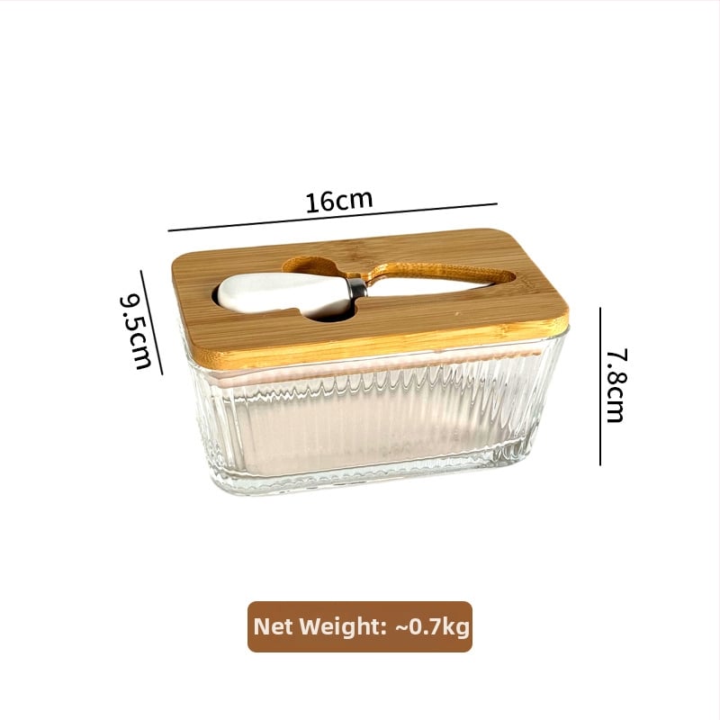 Стъклена кутия за масло със капак и нож за разпределение — модерен минималистичен дизайн, печат на лого, Бранд Blue Maple Leaf, пускане през Зима 2025