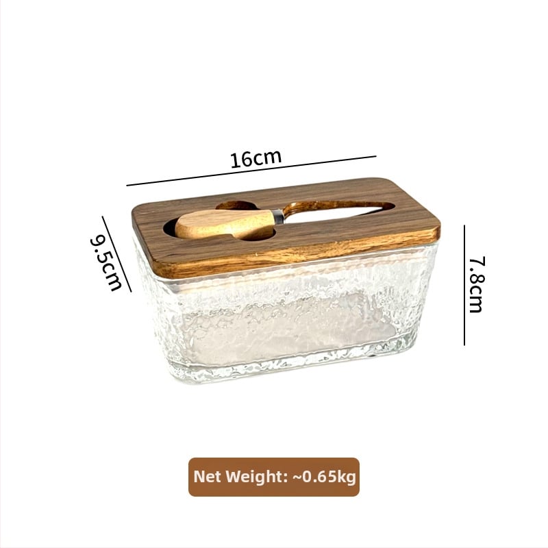 Стъклена кутия за масло със капак и нож за разпределение — модерен минималистичен дизайн, печат на лого, Бранд Blue Maple Leaf, пускане през Зима 2025