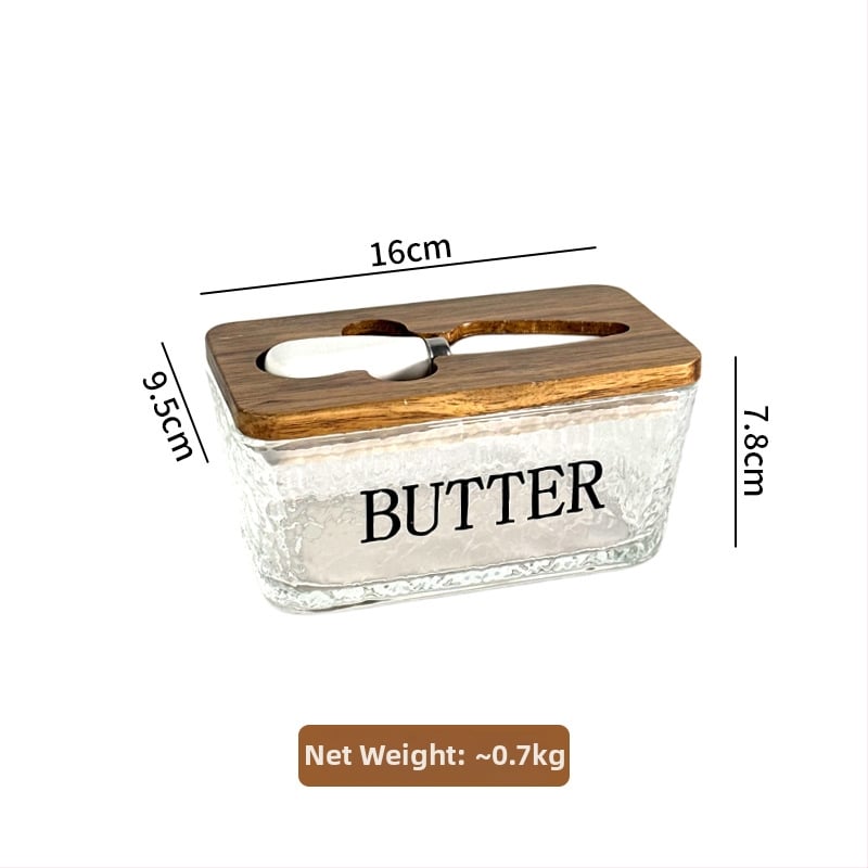 Стъклена кутия за масло със капак и нож за разпределение — модерен минималистичен дизайн, печат на лого, Бранд Blue Maple Leaf, пускане през Зима 2025