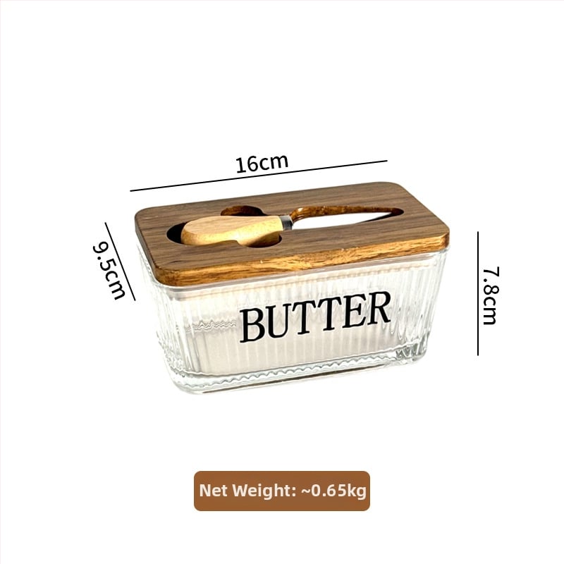 Стъклена кутия за масло със капак и нож за разпределение — модерен минималистичен дизайн, печат на лого, Бранд Blue Maple Leaf, пускане през Зима 2025