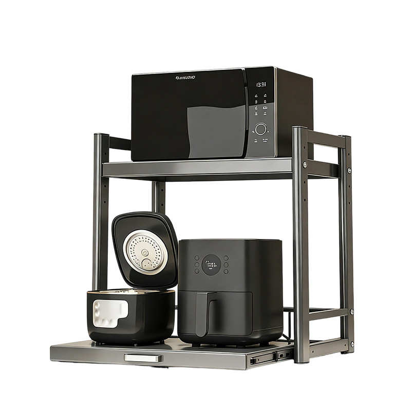 Kinyúló mikrohullámú sütő tároló állvány – Többfunkciós, munkalapon, téglalap alakú, szénacél