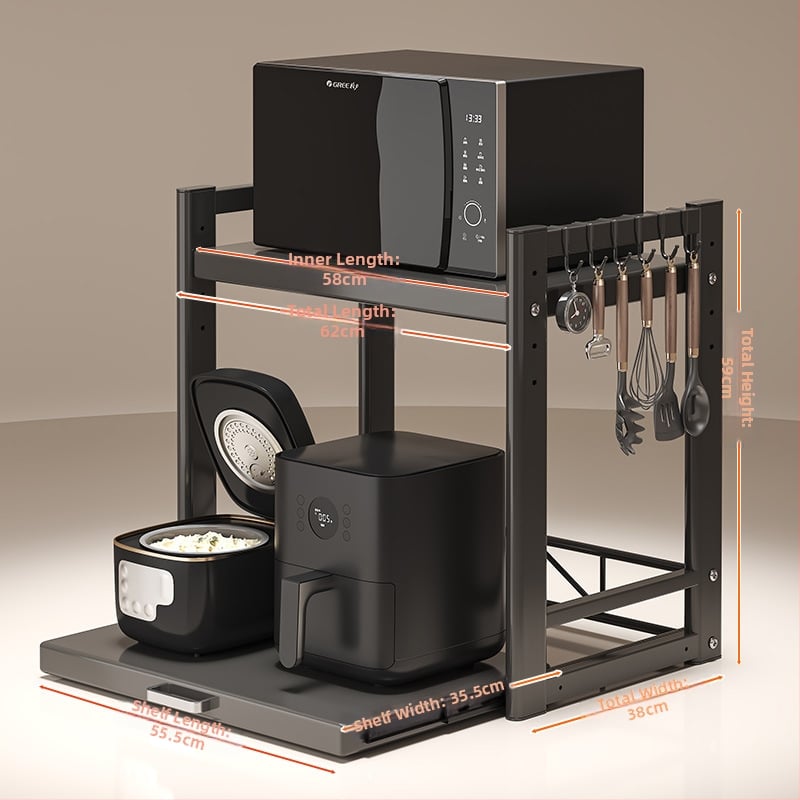 Kinyúló mikrohullámú sütő tároló állvány – Többfunkciós, munkalapon, téglalap alakú, szénacél