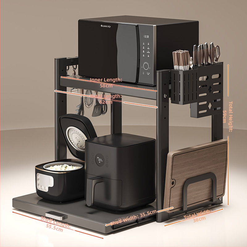 Kinyúló mikrohullámú sütő tároló állvány – Többfunkciós, munkalapon, téglalap alakú, szénacél