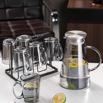 Σετ γυάλινρού δοχείου νερού με ποτήρια, ευρωπαϊκού στυλ, θερμοανθεκτικό, κατάλληλο για κρύο νερό και cold brew, δώρο σε κουτί – Jingyue