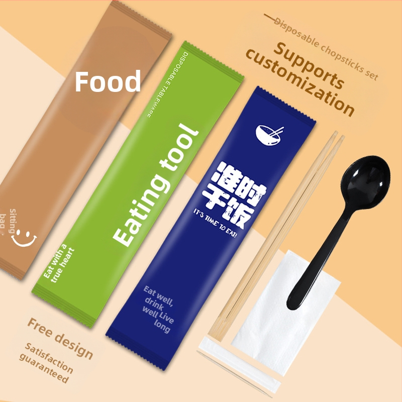 Еднократен четириелементен комплект за хранене от бамбук (палочки за хранене, лъжица, вилица, нож) с персонализирано лого; 1000 броя в опаковка