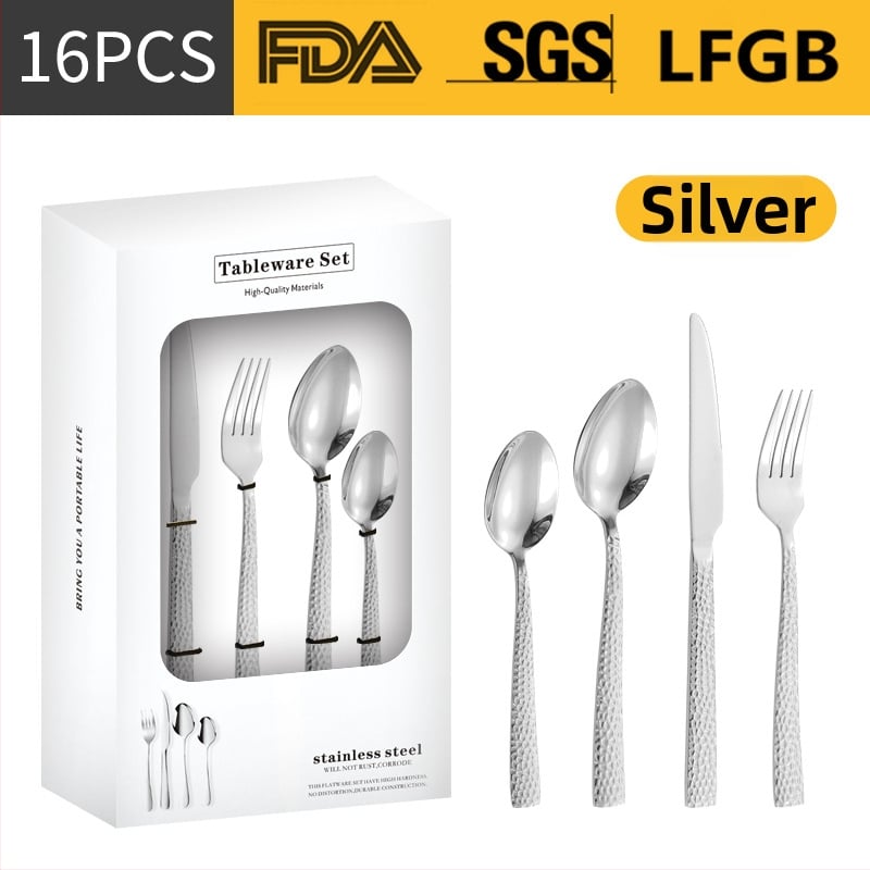 Σετ μαχαιροπίρουνα από ανοξείδωτο ατσάλι, σε σκανδιναβικό και δυτικό στυλ, με παχυσμένη τετράγωνη λαβή, 410 ανοξείδωτο ατσάλι, καθρέπτης φινίρισμα, περιλαμβάνει μαχαίρι μπριζόλας, μαχαίρι τραπεζιού, πιρούνι, κουτάλι τραπεζιού και κουταλάκι τσαγιού