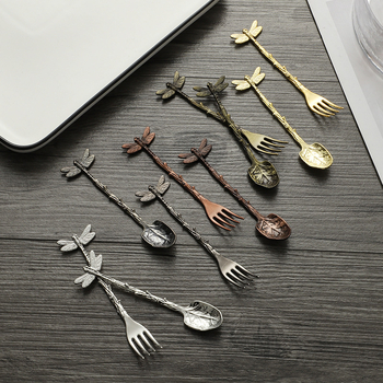 Jiayi Kitchen set de furculițe pentru fructe și lingurițe de desert, model gravat în stil forestier, din aliaj de zinc, personalizare disponibilă, logo imprimat