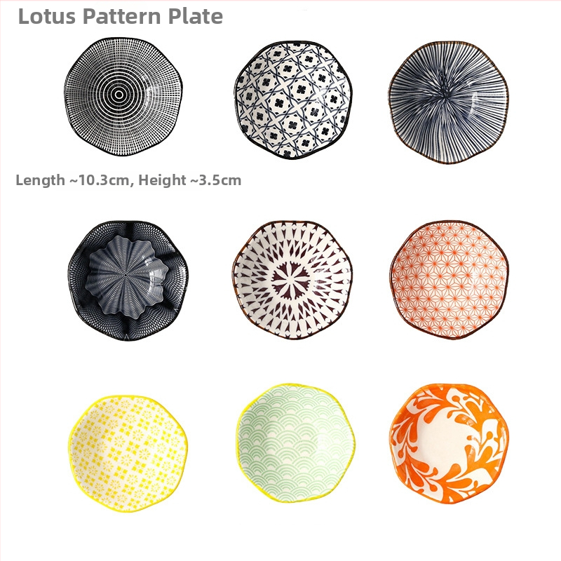 Kilenc rekeszes porcelán fűszertál, japán stílusú, szabálytalan forma, nyomtatott mintával, mártásos tálka