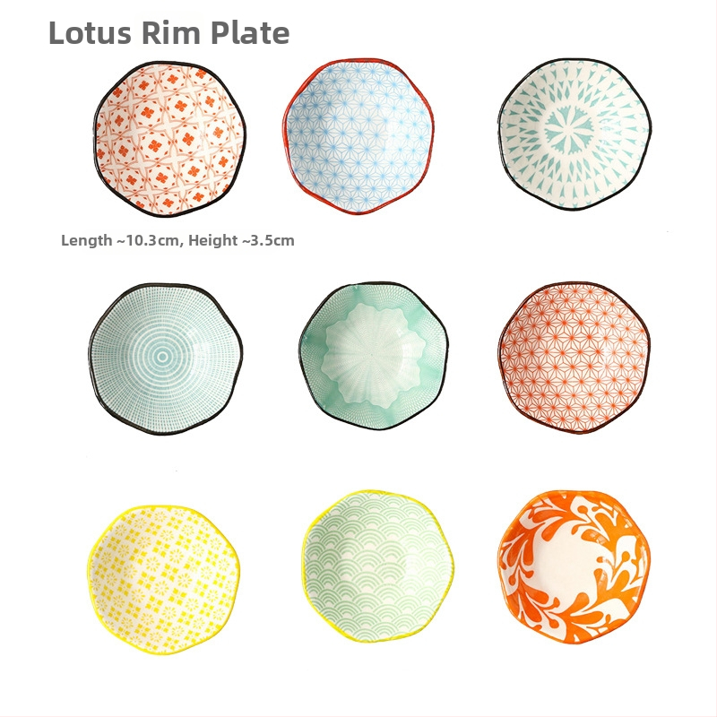 Kilenc rekeszes porcelán fűszertál, japán stílusú, szabálytalan forma, nyomtatott mintával, mártásos tálka