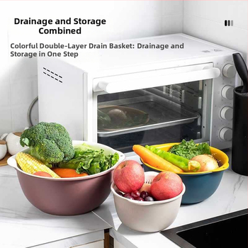 Двоен слой кош за измиване на зеленчуци и отцеждане – шестчастов комплект, пластмасов кош за зеленчуци, скандинавски стил, номер на продукта F777W8NGNWU5GW