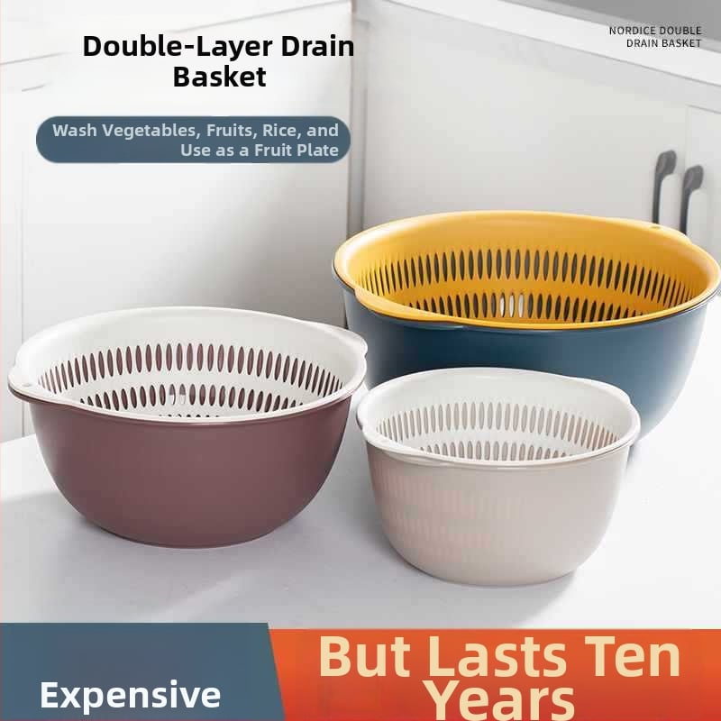 Двоен слой кош за измиване на зеленчуци и отцеждане – шестчастов комплект, пластмасов кош за зеленчуци, скандинавски стил, номер на продукта F777W8NGNWU5GW