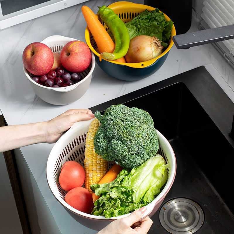 Двоен слой кош за измиване на зеленчуци и отцеждане – шестчастов комплект, пластмасов кош за зеленчуци, скандинавски стил, номер на продукта F777W8NGNWU5GW