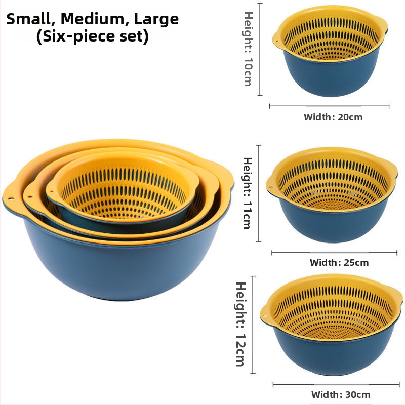 Двоен слой кош за измиване на зеленчуци и отцеждане – шестчастов комплект, пластмасов кош за зеленчуци, скандинавски стил, номер на продукта F777W8NGNWU5GW