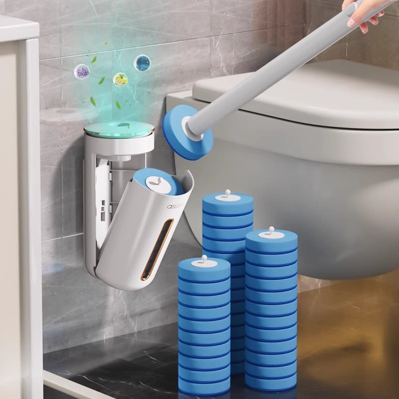 Egyszer használatos vécé-kefe otthoni használatra, falra szerelhető, cserélhető kefével, Ascor/Aishike márka, műanyag, könnyed luxus stílus